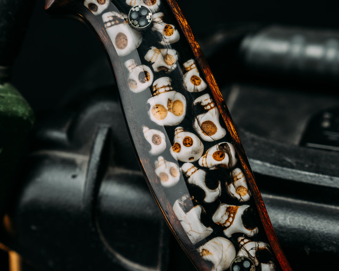 American Bowie- Desert Ironwood, Catacomb Tru-LaRue Smoke Resin, Mosaic Glow Pins, Skull Hand Middle Finger Mosaic Pin, Smooth Angled Grip