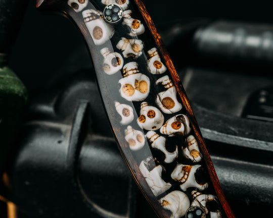 American Bowie- Desert Ironwood, Catacomb Tru-LaRue Smoke Resin, Mosaic Glow Pins, Skull Hand Middle Finger Mosaic Pin, Smooth Angled Grip