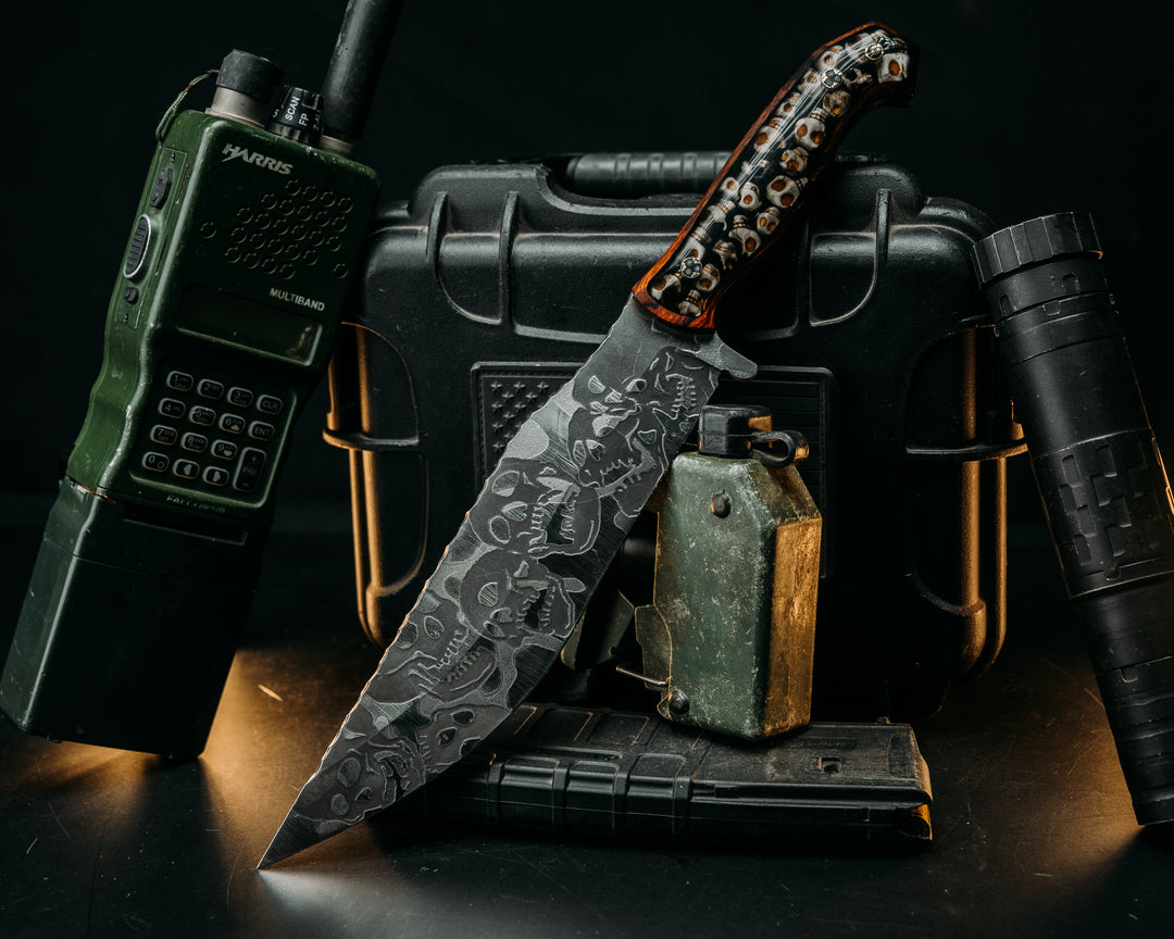 American Bowie- Desert Ironwood, Catacomb Tru-LaRue Smoke Resin, Mosaic Glow Pins, Skull Hand Middle Finger Mosaic Pin, Smooth Angled Grip