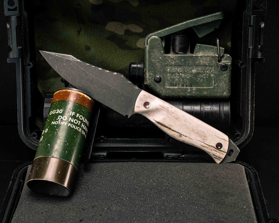 Field Knife- Elk Antler, Copper Patriot Mosaic Pins, Textured Natural Grip