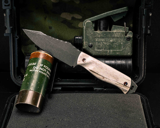 Field Knife- Elk Antler, Copper Patriot Mosaic Pins, Textured Natural Grip