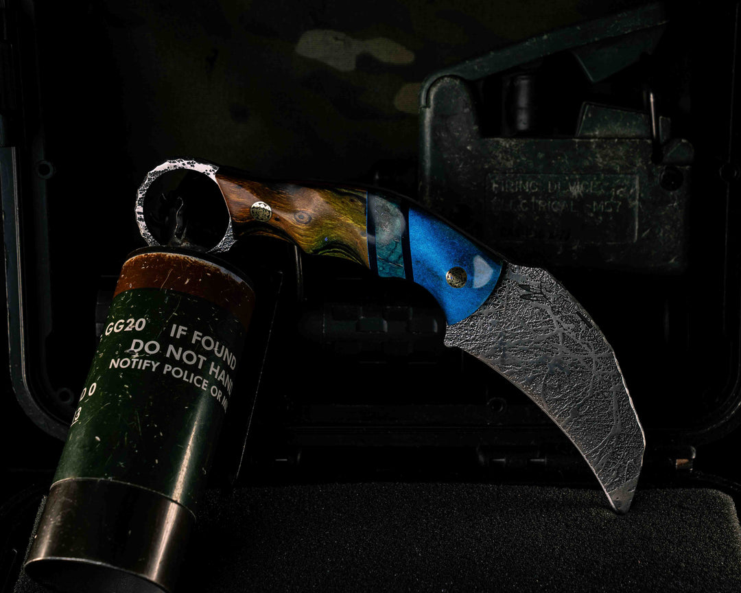 Karambito- Forest Green Glow Pearl Resin, Black G10 and Dyed Black Ash Burl Split, Desert Ironwood, Brass Mosaic Pins, Textured Grip