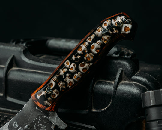 American Bowie- Desert Ironwood, Catacomb Tru-LaRue Smoke Resin, Mosaic Glow Pins, Skull Hand Middle Finger Mosaic Pin, Smooth Angled Grip