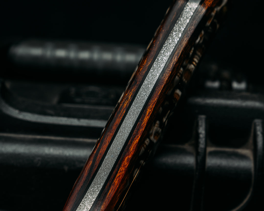 American Bowie- Desert Ironwood, Catacomb Tru-LaRue Smoke Resin, Mosaic Glow Pins, Skull Hand Middle Finger Mosaic Pin, Smooth Angled Grip