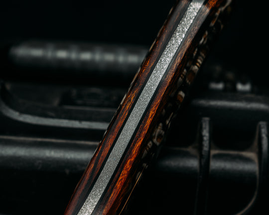 American Bowie- Desert Ironwood, Catacomb Tru-LaRue Smoke Resin, Mosaic Glow Pins, Skull Hand Middle Finger Mosaic Pin, Smooth Angled Grip
