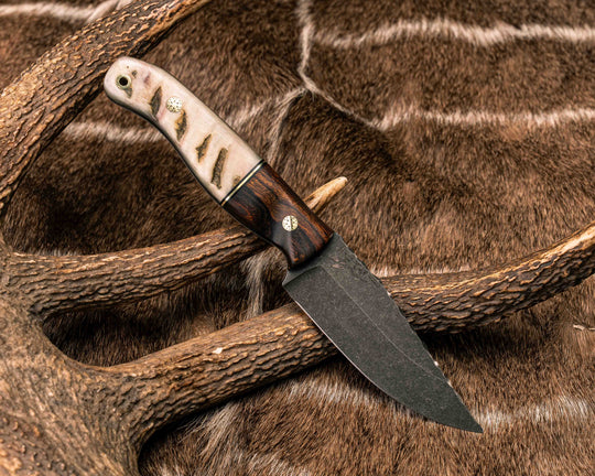 Crow Jr- Desert Ironwood, Black G10 and Brass Split, Rams Horn, Brass Mosaic Pins, Brass Lanyard Pin, Textured Natural Grip