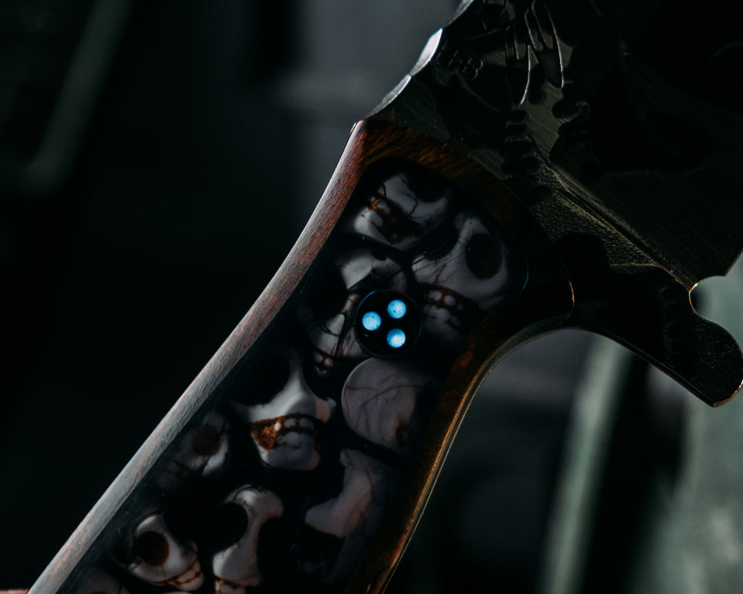 American Bowie- Desert Ironwood, Catacomb Tru-LaRue Smoke Resin, Mosaic Glow Pins, Skull Hand Middle Finger Mosaic Pin, Smooth Angled Grip