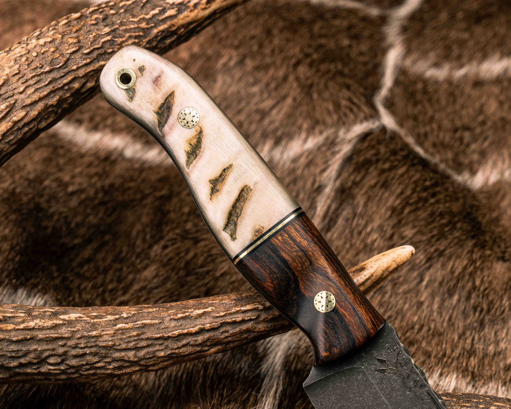 Crow Jr- Desert Ironwood, Black G10 and Brass Split, Rams Horn, Brass Mosaic Pins, Brass Lanyard Pin, Textured Natural Grip