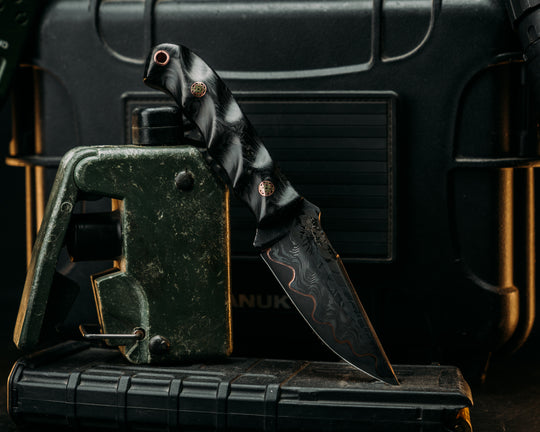 Crow Cub Disaster- Baker Forge Chevron SanMai- Black Dark Matter Carbon, Mosaic Pins, Copper Lanyard Pin, Textured Grip