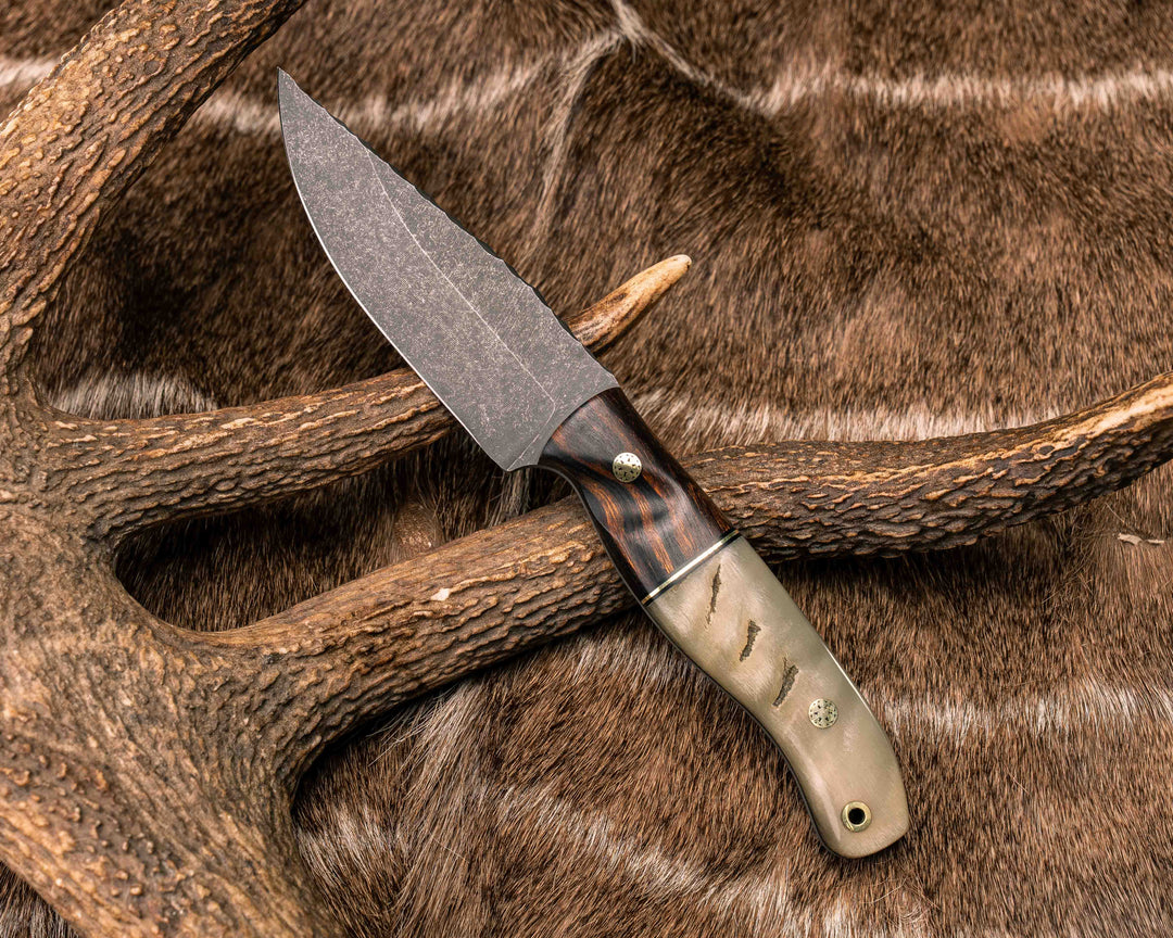 Crow Jr- Desert Ironwood, Black G10 and Brass Split, Rams Horn, Brass Mosaic Pins, Brass Lanyard Pin, Textured Natural Grip