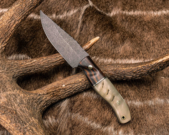 Crow Jr- Desert Ironwood, Black G10 and Brass Split, Rams Horn, Brass Mosaic Pins, Brass Lanyard Pin, Textured Natural Grip
