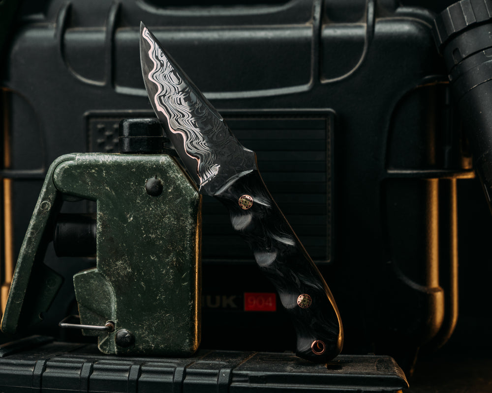 Crow Cub Disaster- Baker Forge Chevron SanMai- Black Dark Matter Carbon, Mosaic Pins, Copper Lanyard Pin, Textured Grip