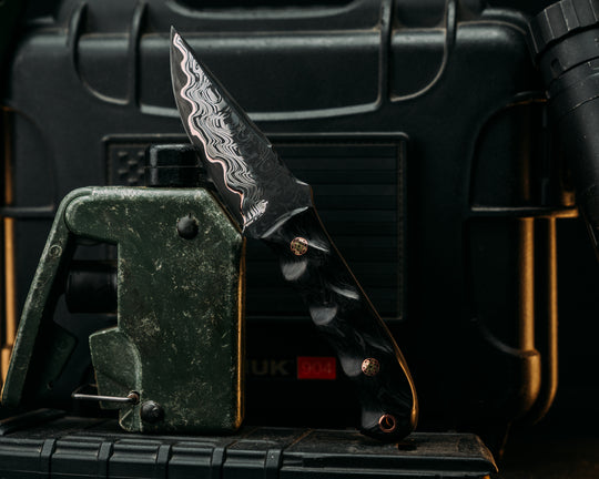Crow Cub Disaster- Baker Forge Chevron SanMai- Black Dark Matter Carbon, Mosaic Pins, Copper Lanyard Pin, Textured Grip