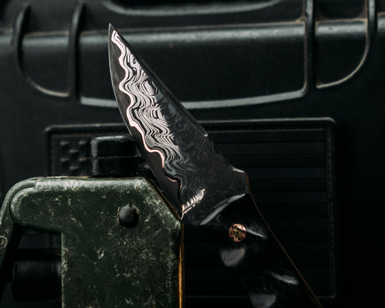 Crow Cub Disaster- Baker Forge Chevron SanMai- Black Dark Matter Carbon, Mosaic Pins, Copper Lanyard Pin, Textured Grip