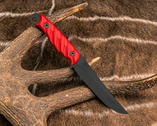 Crow Breakdown- Cherry Red G10, Armor Black Cerakote, Allen Bolts, Textured Grip