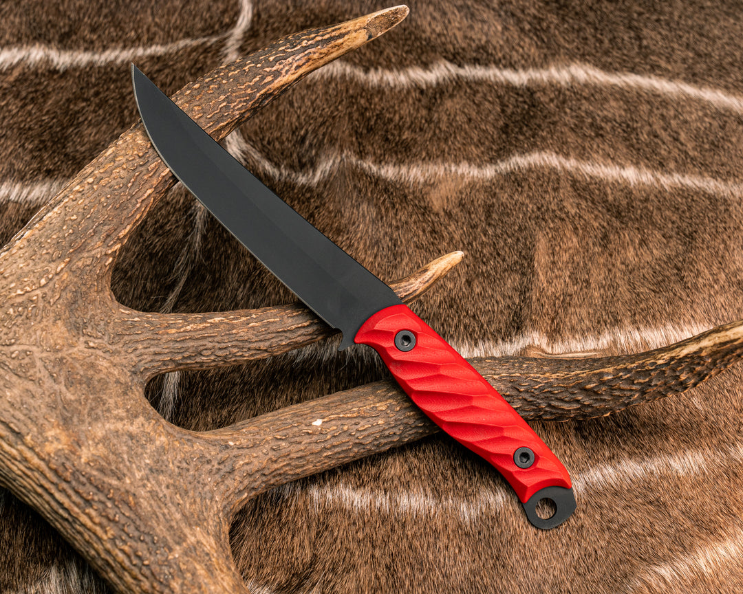 Crow Breakdown- Cherry Red G10, Armor Black Cerakote, Allen Bolts, Textured Grip