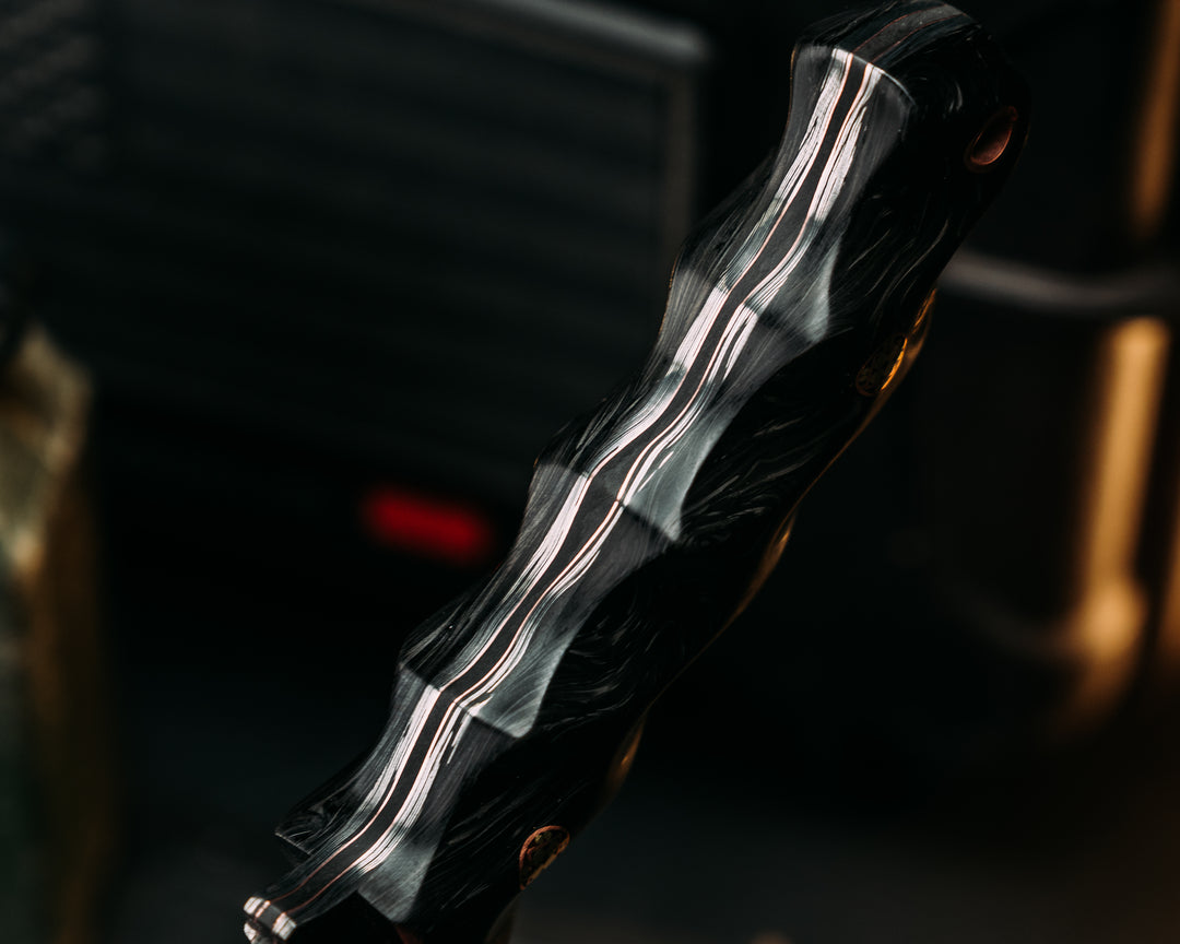 Crow Cub Disaster- Baker Forge Chevron SanMai- Black Dark Matter Carbon, Mosaic Pins, Copper Lanyard Pin, Textured Grip