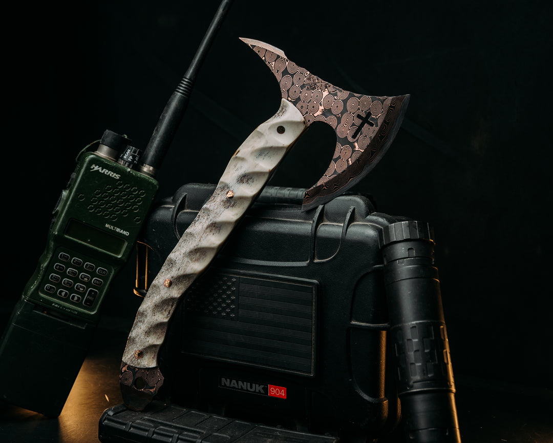Viking Spike Hawk- Baker Forge Raindrop CopperMai- Elk Antler, Mosaic Pins, Textured Grip