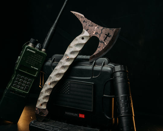 Viking Spike Hawk- Baker Forge Raindrop CopperMai- Elk Antler, Mosaic Pins, Textured Grip