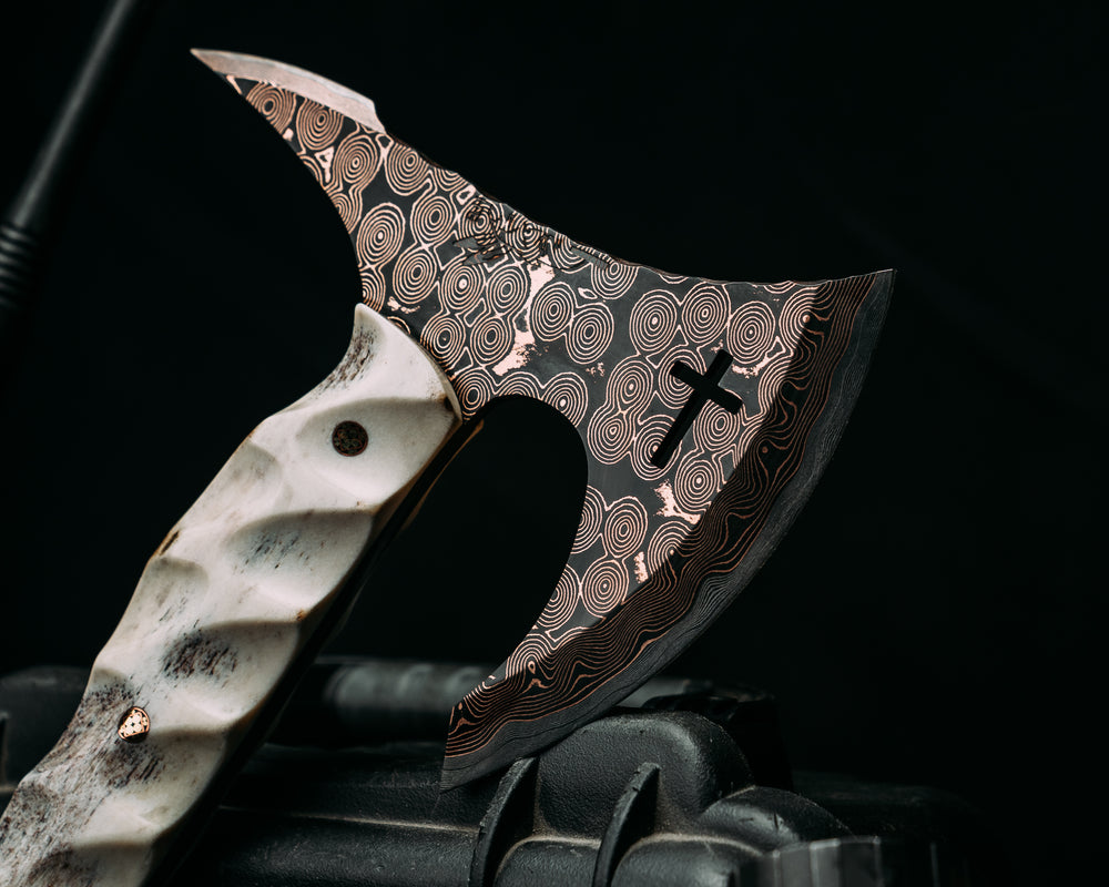 Viking Spike Hawk- Baker Forge Raindrop CopperMai- Elk Antler, Mosaic Pins, Textured Grip