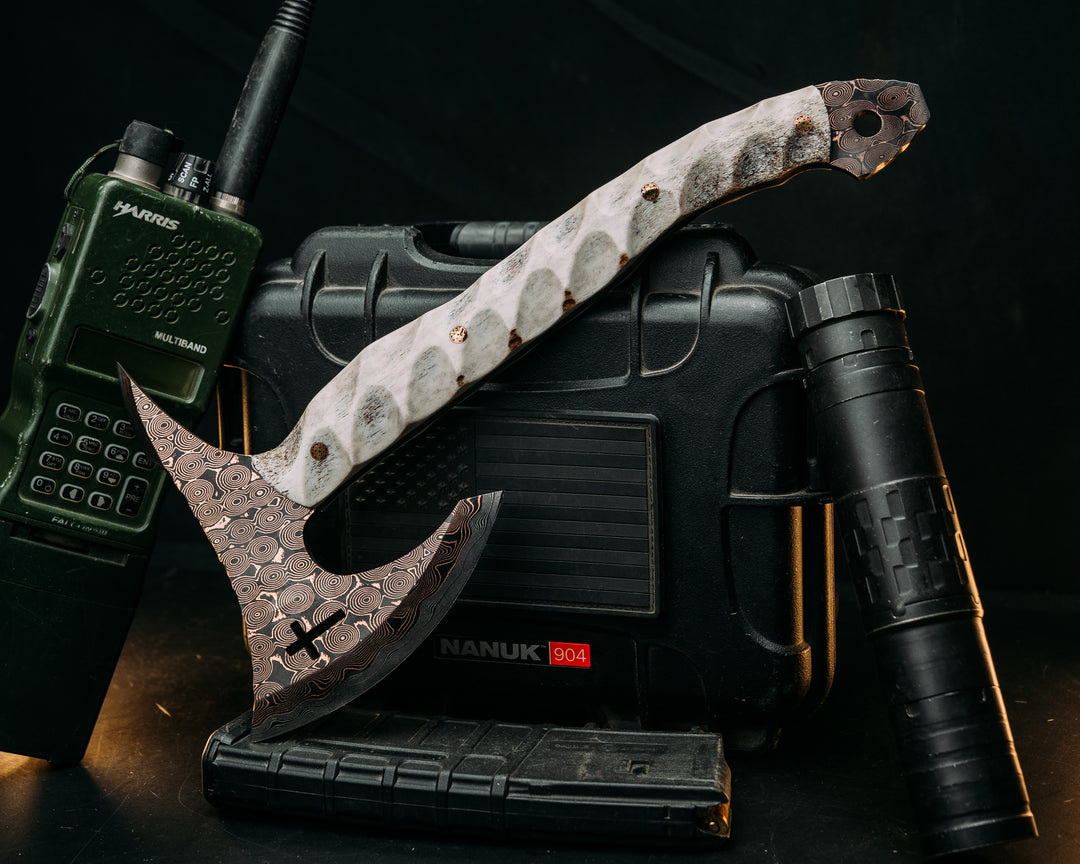 Viking Spike Hawk- Baker Forge Raindrop CopperMai- Elk Antler, Mosaic Pins, Textured Grip