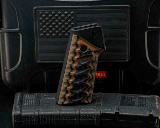 HFB x Kinetic AR Grip System - Layered Black Canvas Micarta, Natural Canvas Micarta and OD Green Canvas Micarta, Cerakote Armor Black Frames, Snake Textured Grip