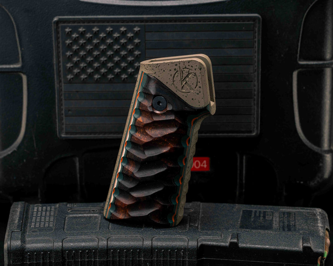 HFB x Kinetic AR Grip System SET- Desert Ironwood over Forest Green and Orange G10, Magpie FDE with Black Splatter Cerakote Frame, Snake Textured Grip