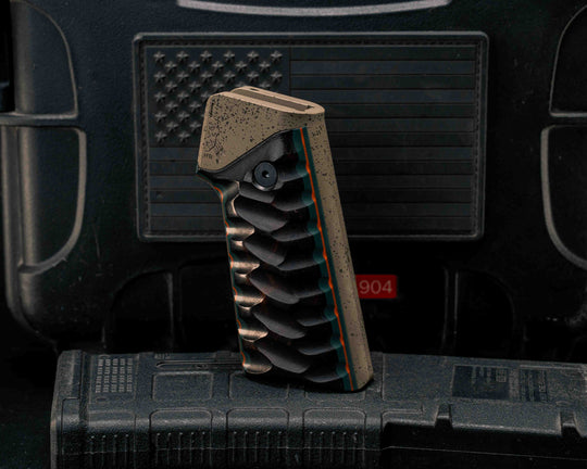 HFB x Kinetic AR Grip System SET- Desert Ironwood over Forest Green and Orange G10, Magpie FDE with Black Splatter Cerakote Frame, Snake Textured Grip
