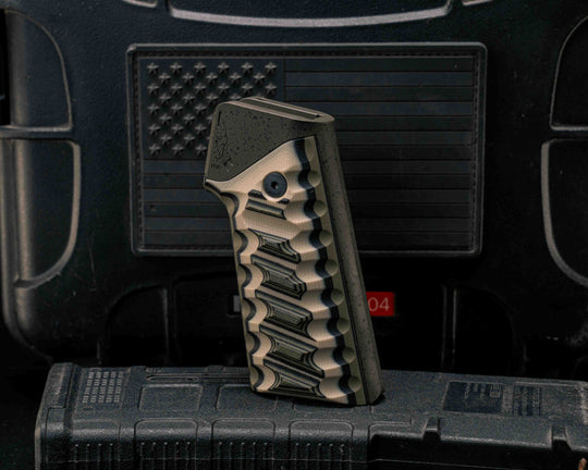 HFB x Kinetic AR Grip System- Layered Black and OD Green G10 Over Desert Tan G10, Black G10 and OD Green G10, Magul OD Green with Black Splatter Cerakote Frames, Snake Textured Grip