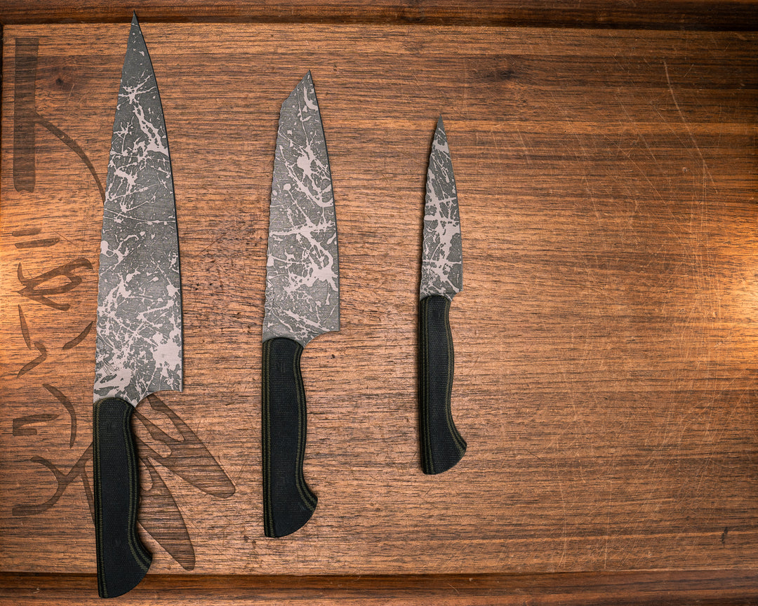 3-Piece Chef Set- Black and OD Green Layered Canvas Micarta, Black Micarta Pins, Smooth Grip