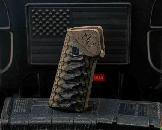 HFB x Kinetic AR Grip- Gold Camo Carbon Over OD Green and Black G10, Magpie FDE with Black Splatter Cerakote Frame, Snake Textured Grip