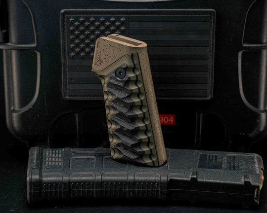 HFB x Kinetic AR Grip- Gold Camo Carbon Over OD Green and Black G10, Magpie FDE with Black Splatter Cerakote Frame, Snake Textured Grip