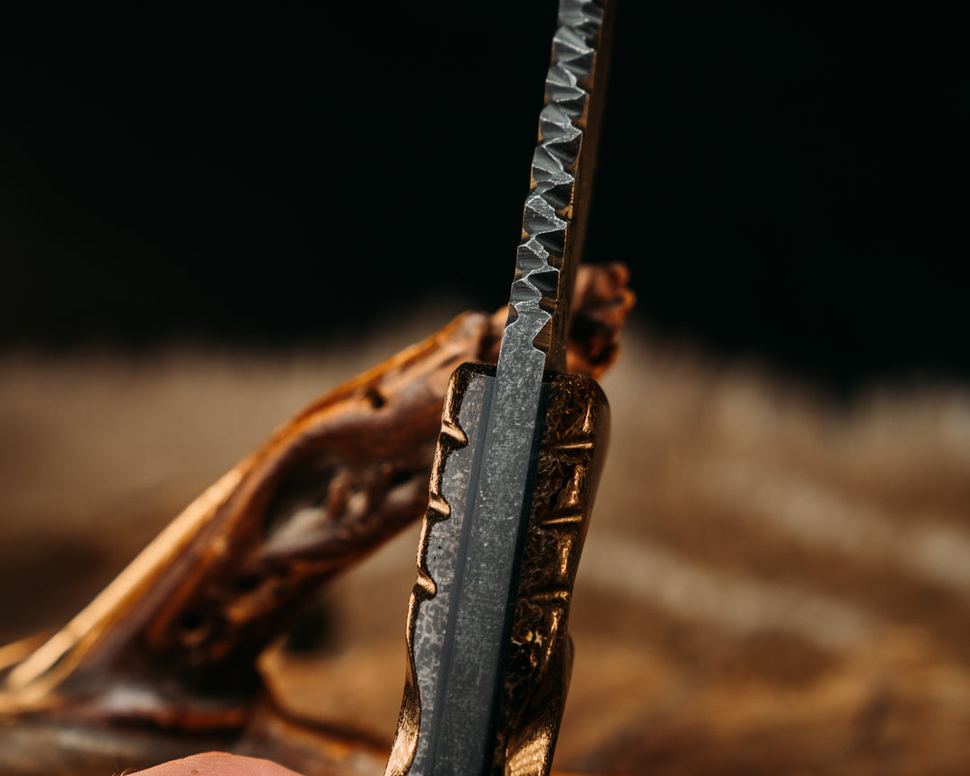 Nashi- Mammoth Bone, Natural Canvas Micarta Pins, Mosaic Pin, Textured Grip, Deep Old School Rock Worked Spine