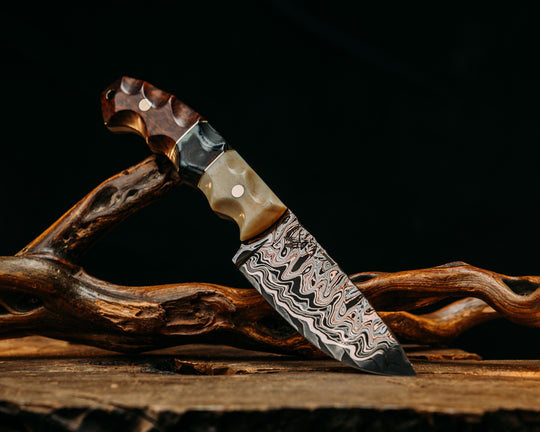 Cav Breacher- Adam Deville Damascus- Giraffe Bone, Navy S.E.A.L AOR2 Cammie Micarta and American Flag Micarta Split, Snakewood, Brass Pins, Brass Lanyard Pin, Textured Grip