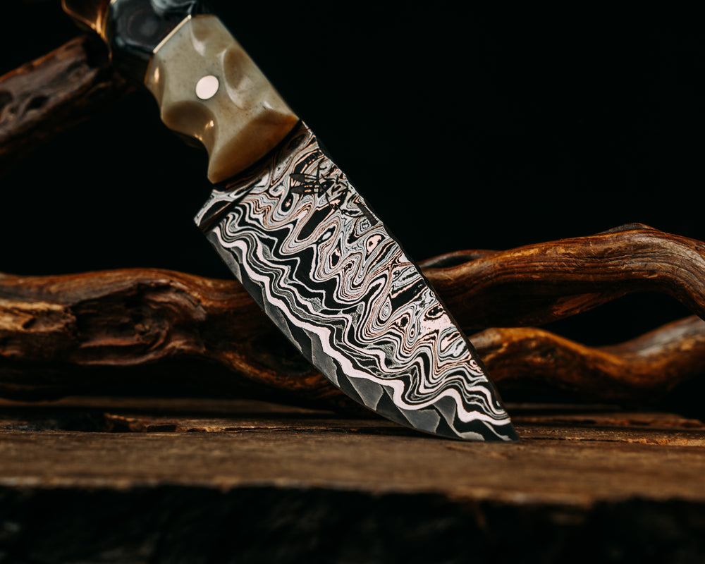 Cav Breacher- Adam Deville Damascus- Giraffe Bone, Navy S.E.A.L AOR2 Cammie Micarta and American Flag Micarta Split, Snakewood, Brass Pins, Brass Lanyard Pin, Textured Grip