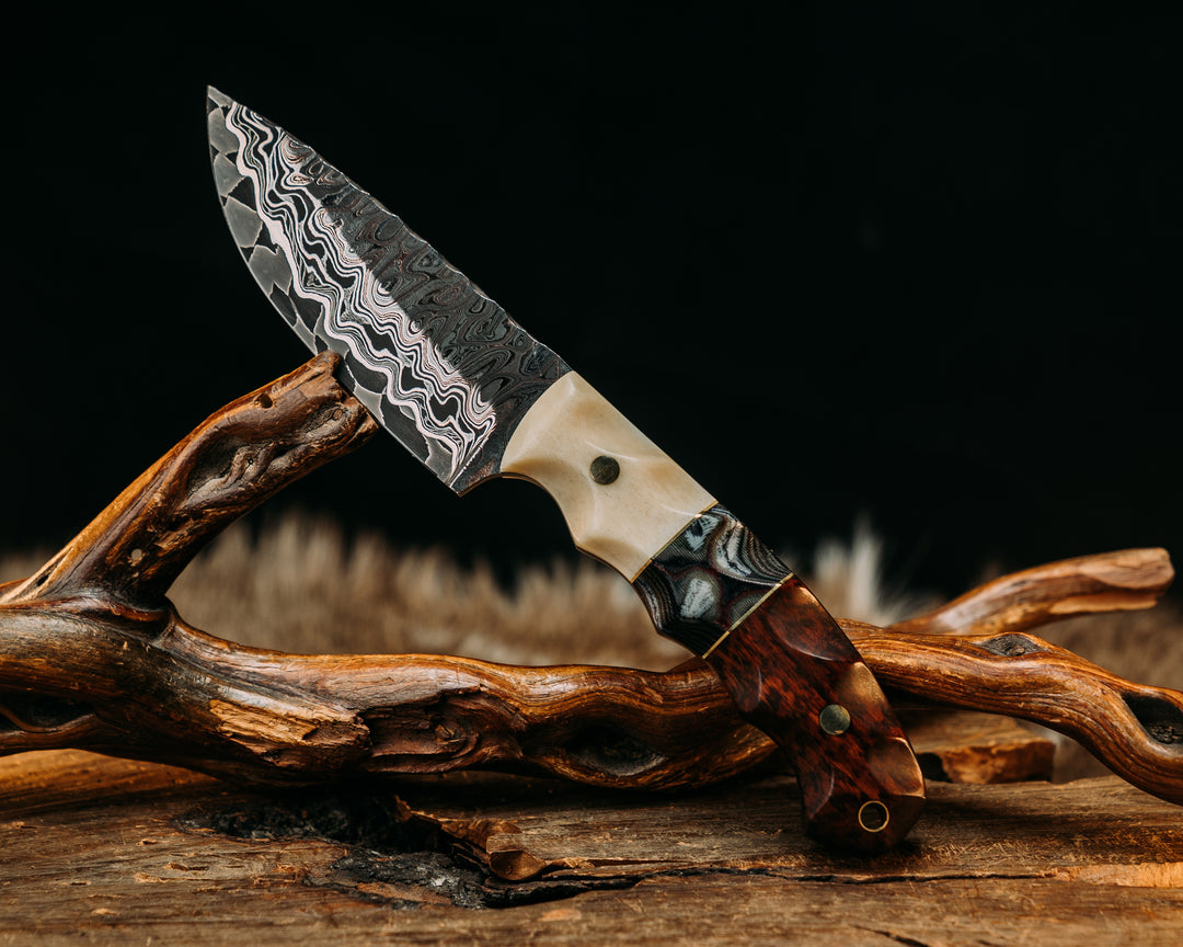 Cav Breacher- Adam Deville Damascus- Giraffe Bone, Navy S.E.A.L AOR2 Cammie Micarta and American Flag Micarta Split, Snakewood, Brass Pins, Brass Lanyard Pin, Textured Grip