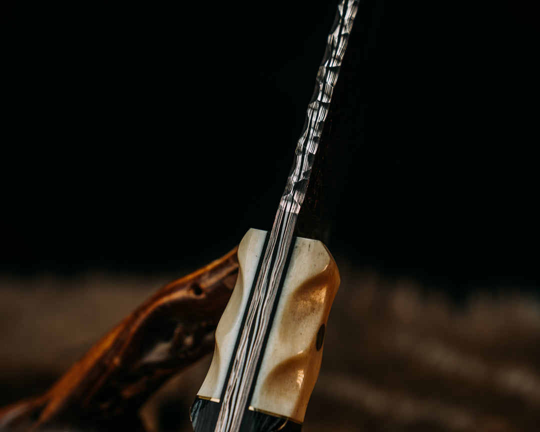Cav Breacher- Adam Deville Damascus- Giraffe Bone, Navy S.E.A.L AOR2 Cammie Micarta and American Flag Micarta Split, Snakewood, Brass Pins, Brass Lanyard Pin, Textured Grip