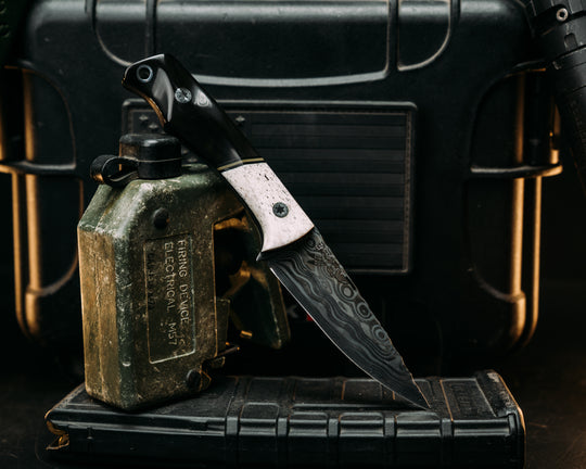 Pac-Man- Baker Forge Zeus Stainless Damascus- Elk Antler, Black G10 and OD Green G10 Split, Bison Horn, Mosaic Pins, Aluminum Lanyard Pin, Textured Grip