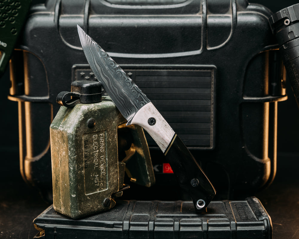 Pac-Man- Baker Forge Zeus Stainless Damascus- Elk Antler, Black G10 and OD Green G10 Split, Bison Horn, Mosaic Pins, Aluminum Lanyard Pin, Textured Grip