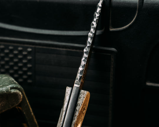 Pac-Man- Baker Forge Zeus Stainless Damascus- Elk Antler, Black G10 and OD Green G10 Split, Bison Horn, Mosaic Pins, Aluminum Lanyard Pin, Textured Grip