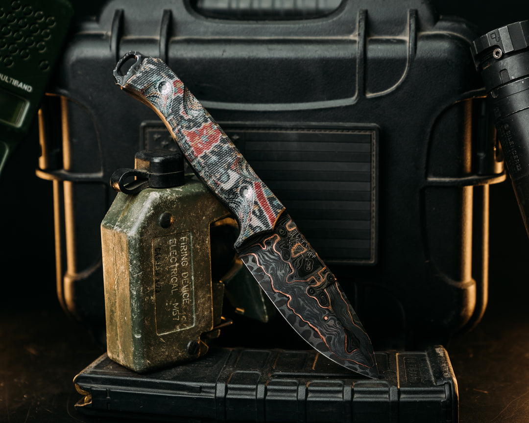 Hog Hunt Jr.- Adam Deville Damascus- P. Kaufmann Milos Lakeland Blue Paisley Micarta, Glow Pins