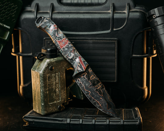 Hog Hunt Jr.- Adam Deville Damascus- P. Kaufmann Milos Lakeland Blue Paisley Micarta, Glow Pins
