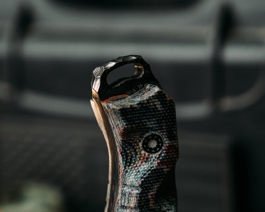 Hog Hunt Jr.- Adam Deville Damascus- P. Kaufmann Milos Lakeland Blue Paisley Micarta, Glow Pins