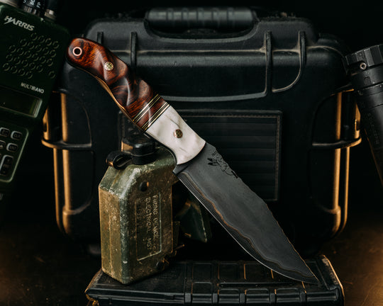 Crow Scout- Baker Forge Stainless GoMai (Ni Shim)- Elk Antler, Black G10, Brass and Coyote G10 Pin Striping, Desert Ironwood Split, Desert Ironwood, Mosaic Pins, Copper Lanyard Pin, Textured Grip