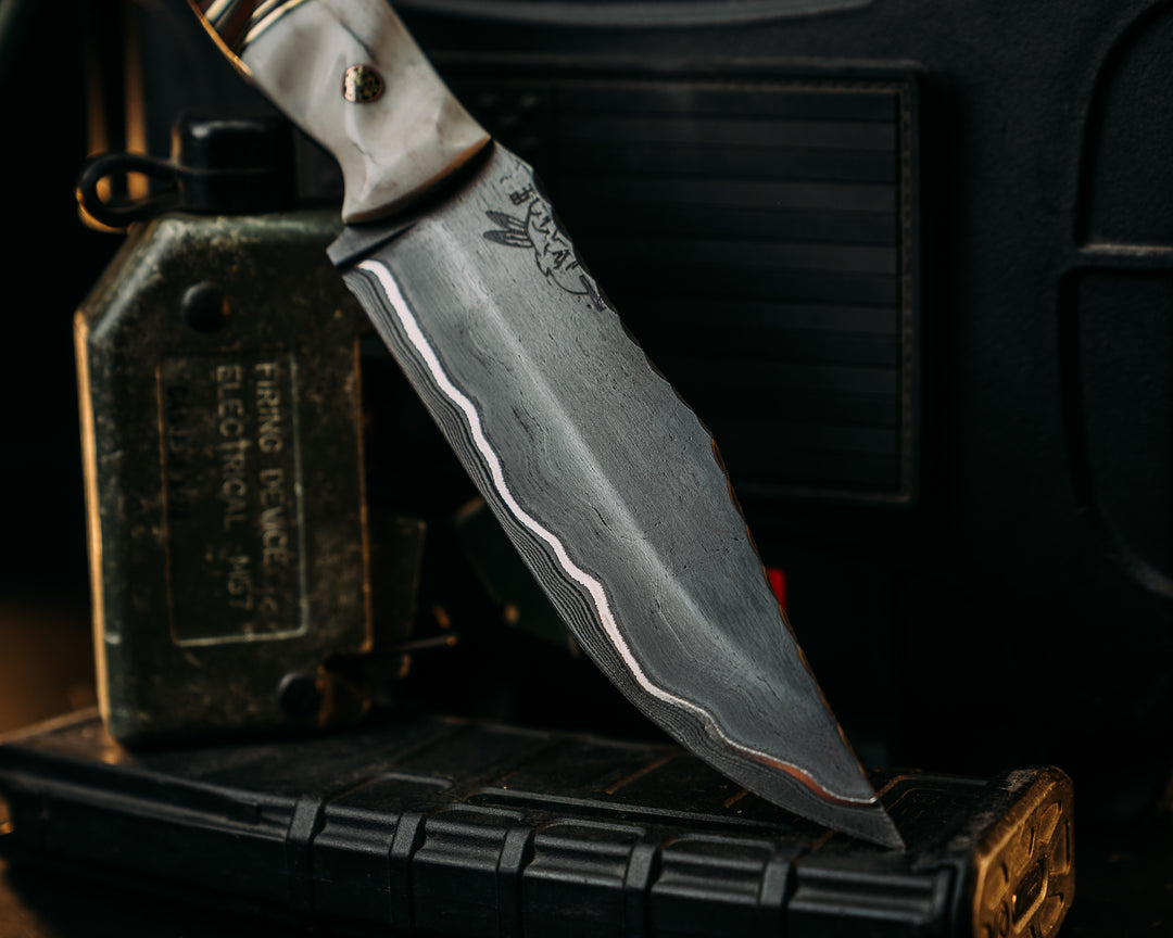 Crow Scout- Baker Forge Stainless GoMai (Ni Shim)- Elk Antler, Black G10, Brass and Coyote G10 Pin Striping, Desert Ironwood Split, Desert Ironwood, Mosaic Pins, Copper Lanyard Pin, Textured Grip