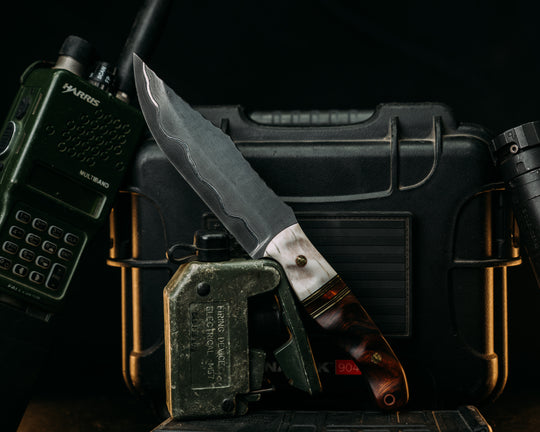 Crow Scout- Baker Forge Stainless GoMai (Ni Shim)- Elk Antler, Black G10, Brass and Coyote G10 Pin Striping, Desert Ironwood Split, Desert Ironwood, Mosaic Pins, Copper Lanyard Pin, Textured Grip