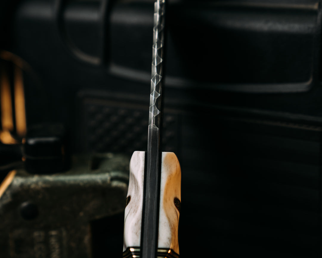 Crow Scout- Baker Forge Stainless GoMai (Ni Shim)- Elk Antler, Black G10, Brass and Coyote G10 Pin Striping, Desert Ironwood Split, Desert Ironwood, Mosaic Pins, Copper Lanyard Pin, Textured Grip