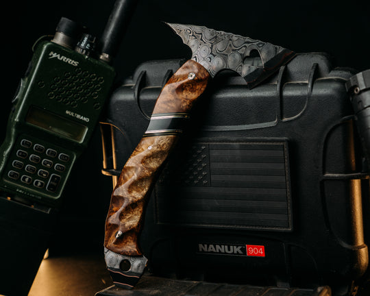 Mini Bleeding Heart Hawk- Baker Forge GoMai CuShim (DamCore) Raindrop- Chechen Caribbean Rosewood, Black G10, OD Green G10 and Brass Pin Striping, Bison Horn Split, Mosaic Pins, Textured Grip