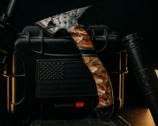 Mini Bleeding Heart Hawk- Baker Forge GoMai CuShim (DamCore) Raindrop- Chechen Caribbean Rosewood, Black G10, OD Green G10 and Brass Pin Striping, Bison Horn Split, Mosaic Pins, Textured Grip