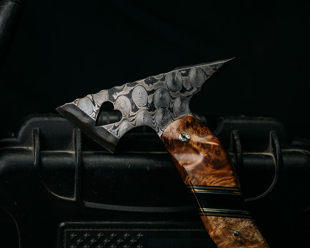 Mini Bleeding Heart Hawk- Baker Forge GoMai CuShim (DamCore) Raindrop- Chechen Caribbean Rosewood, Black G10, OD Green G10 and Brass Pin Striping, Bison Horn Split, Mosaic Pins, Textured Grip